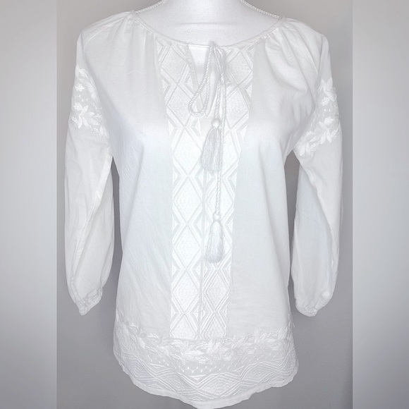 Solitaire Tops - Solitaire Women Peasant Top Boho Embroidered White Long Sleeve Small 100% Cotton